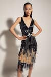 Buy_Sameer Madan_Black Jersey And Faux Leather V Neck Sleeveless Bodysuit  _at_Aza_Fashions