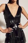 Shop_Sameer Madan_Black Jersey And Faux Leather V Neck Sleeveless Bodysuit  _at_Aza_Fashions
