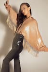 Shop Sameer Madan Beige Jersey And Faux Leather Sequin Collared Neck Shirt Style Bodysuit at Aza Fashions Shop_Sameer Madan_Beige Jersey And Faux Leather Sequin Collared Neck Shirt Style Bodysuit _at_Aza_Fashions
