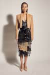 Buy_Sameer Madan_Beige Faux Leather And Banana Crepe Collared Neck Shawl Jacket _at_Aza_Fashions