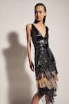 Shop_Sameer Madan_Black Layered Fringe Skirt  _at_Aza_Fashions