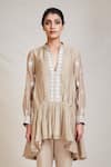 Buy_Sue Mue_Beige Mul Band Collar Flared Asymmetric Tunic _at_Aza_Fashions