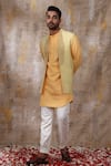 Buy_Smriti by Anju Agarwal_Yellow Bundi And Kurta Silk Embroidered Sequin Suvan Shawl Collar & Set _at_Aza_Fashions