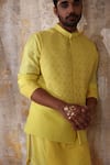 Shop_Smriti by Anju Agarwal_Yellow Jacket And Kurta Silk Embroidered Chikankari Dyutit Nehru With Set _Online_at_Aza_Fashions