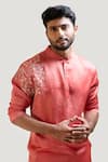 Shop_Smriti by Anju Agarwal_Red Kurta Linen Satin Pant Malai Cotton Embroidered And_Online_at_Aza_Fashions