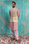 Buy_Smriti By Anju Agarwal_Beige Bundi  Linen Satin, Kurta Silk, Pant Malai Krtya Embroidered And Set_at_Aza_Fashions