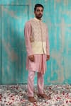 Smriti By Anju Agarwal_Beige Bundi  Linen Satin, Kurta Silk, Pant Malai Krtya Embroidered And Set_Online_at_Aza_Fashions
