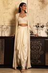 Shop_COUTURE BY NIHARIKA_White Pure Satin Bustier Sweetheart Neck Embroidered Skirt Set With Jacket _at_Aza_Fashions