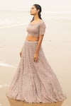 Buy_Decemberbyvivek_Beige Organza And Net Embroidered Bugle Beads Leaf Neck Lehenga Set _at_Aza_Fashions