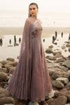Buy_Decemberbyvivek_Brown Organza And Net Bugle & One Shoulder Gown With Cape _at_Aza_Fashions