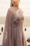 Shop_Decemberbyvivek_Brown Organza And Net Bugle & One Shoulder Gown With Cape _at_Aza_Fashions