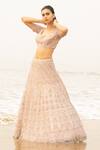 Buy_Decemberbyvivek_Pink Net Thread And Sequin, Bugle Beads Leaf Neck Embroidered Bridal Lehenga Set _at_Aza_Fashions