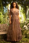 Buy_Decemberbyvivek_Brown Georgette And Net Embroidered Thread & Sequin Gown With Jacket  _at_Aza_Fashions