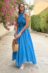Buy_House of Fett_Blue Textured Georgette Striped Halter Neck Serene Santorini Gown For Women_Online_at_Aza_Fashions