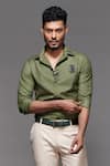 Shop_S&N by Shantnu Nikhil_Green Suiting And Faux Leather Embroidered Shirt_Online_at_Aza_Fashions