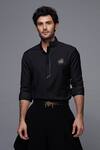 Shop_S&N By Shantnu Nikhil_Black Lycra, Viscose, Terylene, Velvet And Faux Leather Band Collar Shirt_Online_at_Aza_Fashions