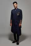 Buy_S&N by Shantnu Nikhil_Blue Poly Blend Embroidered Crest Slim Fit Sherwani _at_Aza_Fashions