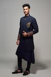 S&N by Shantnu Nikhil_Blue Poly Blend Embroidered Crest Slim Fit Sherwani _Online_at_Aza_Fashions