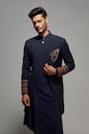 Buy_S&N by Shantnu Nikhil_Blue Poly Blend Embroidered Crest Slim Fit Sherwani _Online_at_Aza_Fashions