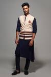 Buy_S&N By Shantnu Nikhil_Beige Cotton, Lycra, Poly Blend Crest Structured Bundi_at_Aza_Fashions