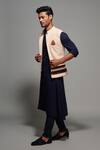 Buy_S&N By Shantnu Nikhil_Beige Cotton, Lycra, Poly Blend Crest Structured Bundi_Online_at_Aza_Fashions