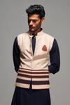 S&N By Shantnu Nikhil_Beige Cotton, Lycra, Poly Blend Crest Structured Bundi_at_Aza_Fashions