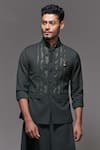 Shop_S&N by Shantnu Nikhil_Green Cotton And Faux Leather Camo Nehru Jacket _Online_at_Aza_Fashions