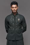 S&N by Shantnu Nikhil_Green Cotton And Faux Leather Camo Nehru Jacket _at_Aza_Fashions