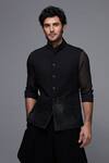 Shop_S&N By Shantnu Nikhil_Black Cotton, Faux Leather And Velvet Studs Embellished Nehru Jacket_Online_at_Aza_Fashions