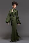 S&N by Shantnu Nikhil_Green Panther Crepe V Neck Knotted Jumpsuit _Online_at_Aza_Fashions