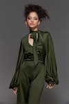 S&N by Shantnu Nikhil_Green Panther Crepe V Neck Knotted Jumpsuit _at_Aza_Fashions