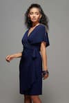 Shop_S&N by Shantnu Nikhil_Blue Poly Jersey V Neck Wrap Dress _Online_at_Aza_Fashions