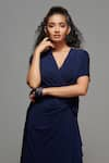 S&N by Shantnu Nikhil_Blue Poly Jersey V Neck Wrap Dress _at_Aza_Fashions