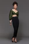 S&N by Shantnu Nikhil_Green Panther Crepe Sweetheart Neck Twisted Bodice Crop Top _Online_at_Aza_Fashions