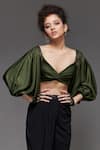 Shop_S&N by Shantnu Nikhil_Green Panther Crepe Sweetheart Neck Twisted Bodice Crop Top _Online_at_Aza_Fashions