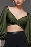 S&N by Shantnu Nikhil_Green Panther Crepe Sweetheart Neck Twisted Bodice Crop Top _at_Aza_Fashions