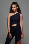 Shop_S&N By Shantnu Nikhil_Blue Textured Suiting One Shoulder Drape Asymmetrical Top_Online_at_Aza_Fashions