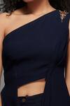 S&N By Shantnu Nikhil_Blue Textured Suiting One Shoulder Drape Asymmetrical Top_at_Aza_Fashions