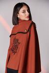 Shop_S&N by Shantnu Nikhil_Brown Poly Blend Lapel Collar Crest Embroidered Cape _at_Aza_Fashions