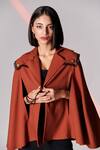 S&N by Shantnu Nikhil_Brown Poly Blend Lapel Collar Crest Embroidered Cape _Online_at_Aza_Fashions