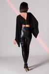 Shop S&N By Shantnu Nikhil Black Poly Jersey, Faux Leather V Neck Draped Sleeve Crop Top at Aza Fashions Shop_S&N By Shantnu Nikhil_Black Poly Jersey, Faux Leather V Neck Draped Sleeve Crop Top_at_Aza_Fashions