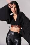 Buy S&N By Shantnu Nikhil Black Poly Jersey, Faux Leather V Neck Draped Sleeve Crop Top Online at Aza Fashions Buy_S&N By Shantnu Nikhil_Black Poly Jersey, Faux Leather V Neck Draped Sleeve Crop Top_Online_at_Aza_Fashions
