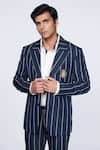 Buy_S&N by Shantnu Nikhil_Blue Suiting Fabric Embroidered Crest Striped Pattern Jacket _Online_at_Aza_Fashions