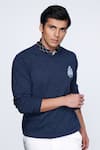 Buy_S&N by Shantnu Nikhil_Blue Merino Wool Embellished Crest Placement Sweater _Online_at_Aza_Fashions