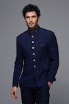 Buy_S&N by Shantnu Nikhil_Blue Poly Blend Plain Mandarin Collar Bandhgala _Online_at_Aza_Fashions