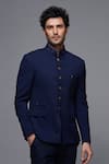 Shop_S&N by Shantnu Nikhil_Blue Poly Blend Plain Mandarin Collar Bandhgala _Online_at_Aza_Fashions