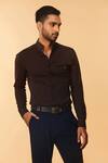 Buy_S&N By Shantnu Nikhil_Brown Lycra, Viscose, Terylene Nehru Collar Shirt_at_Aza_Fashions