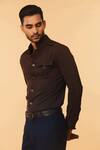 S&N By Shantnu Nikhil_Brown Lycra, Viscose, Terylene Nehru Collar Shirt_at_Aza_Fashions