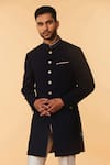 S&N by Shantnu Nikhil_Blue Poly Blend Button Down Bandhgala _at_Aza_Fashions