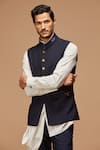 S&N by Shantnu Nikhil_Blue Poly Blend Pintuck Nehru Jacket _at_Aza_Fashions